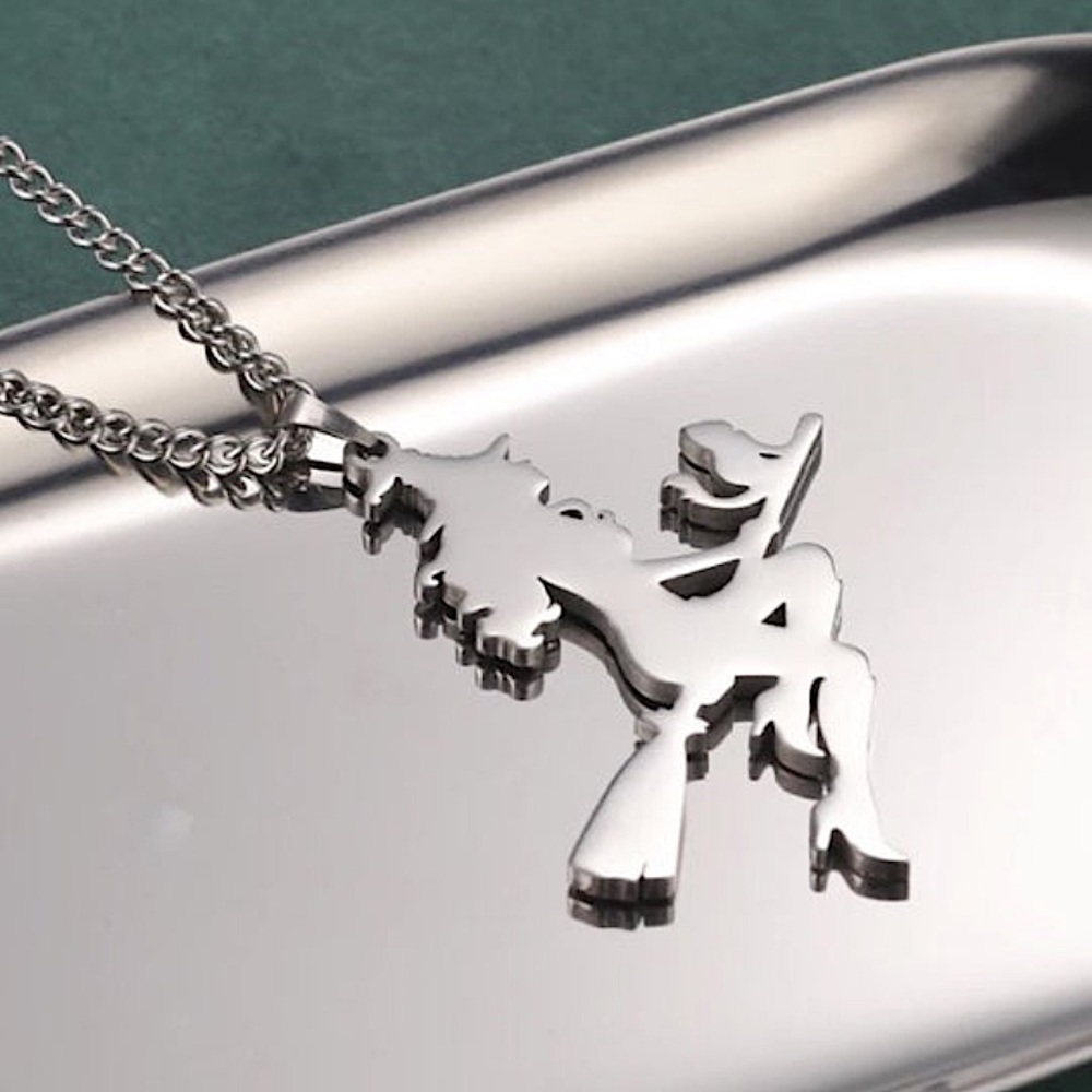 Silver Necklace Witch flying broom cat jewelry New spooky Halloween witchcraft